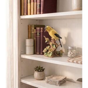 Vintage Yellow Goldfinch Bird Figurine on Flowering Branch 7"